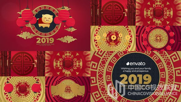 中国风红色剪纸新年欢畅片头 Chinese New Year 2019